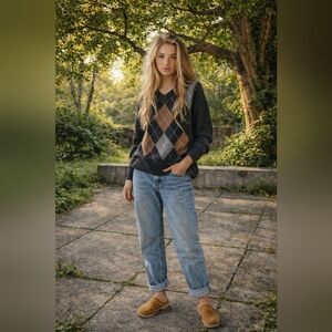 J.Crew Argyle Cotton Cashmere V-Neck Sweater | Size M